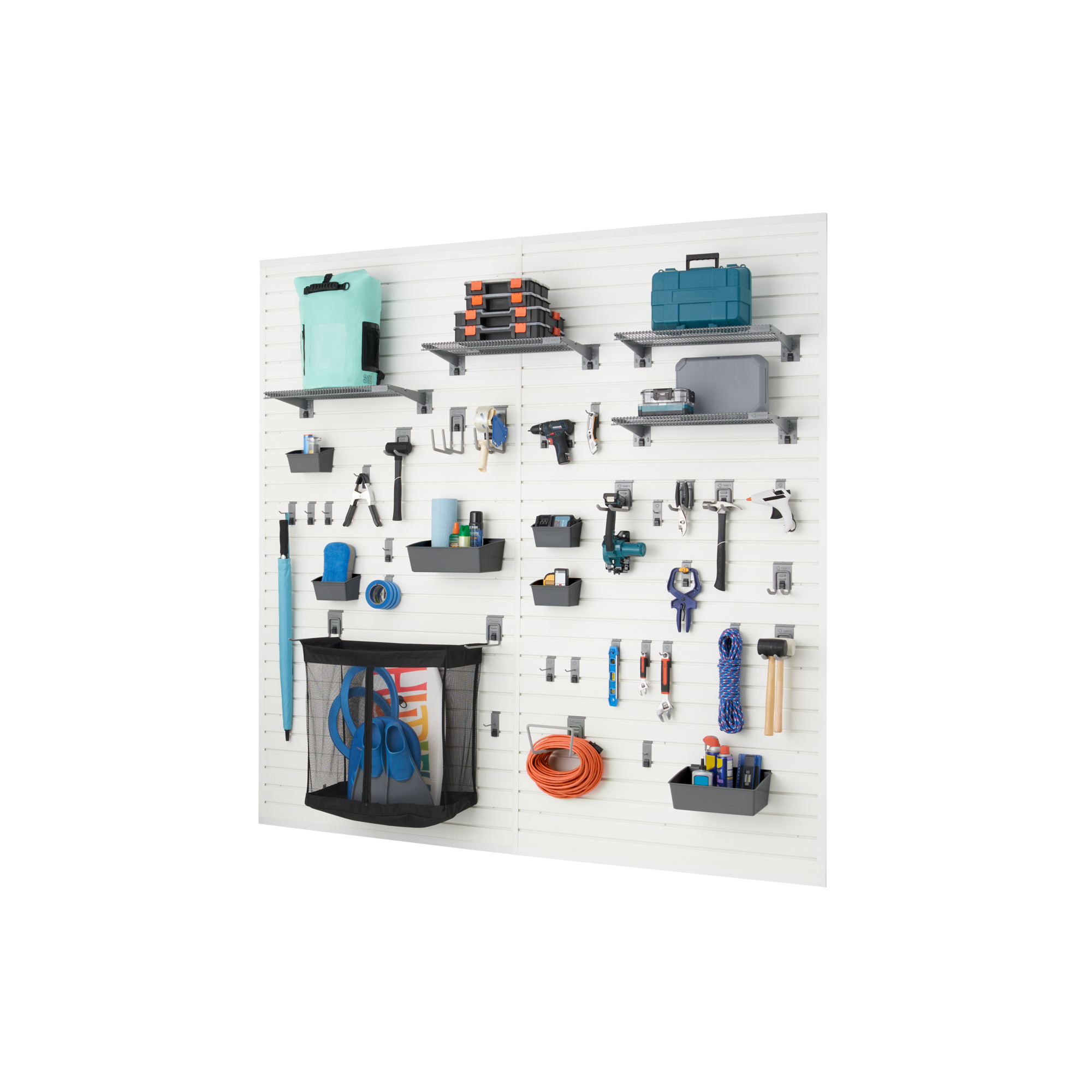 TRINITY 64 Sq Ft Modular Slatwall 40-Piece Accessory Ulitmate Set - White
